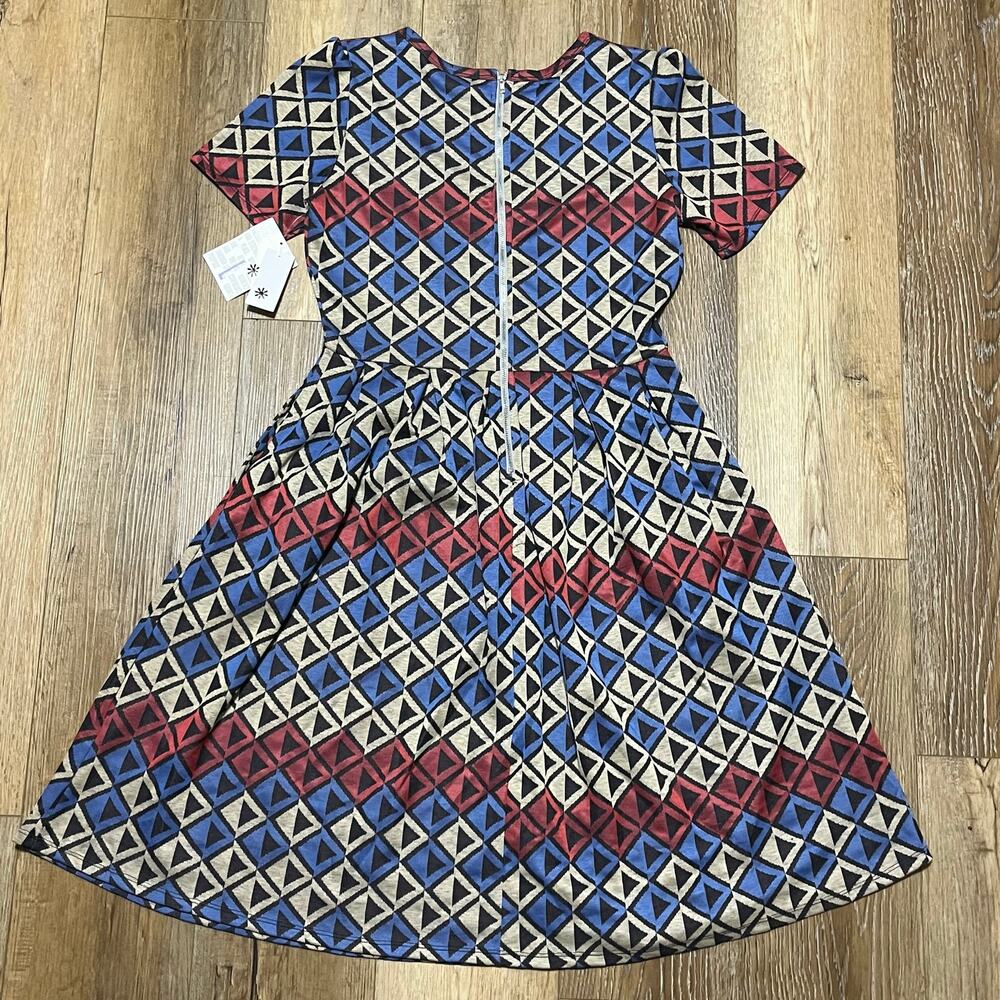 NWT LuLaRoe Amelia Fit & Flare Pleated Dress L Red White Blue Geometric Jacquard - Picture 2 of 5